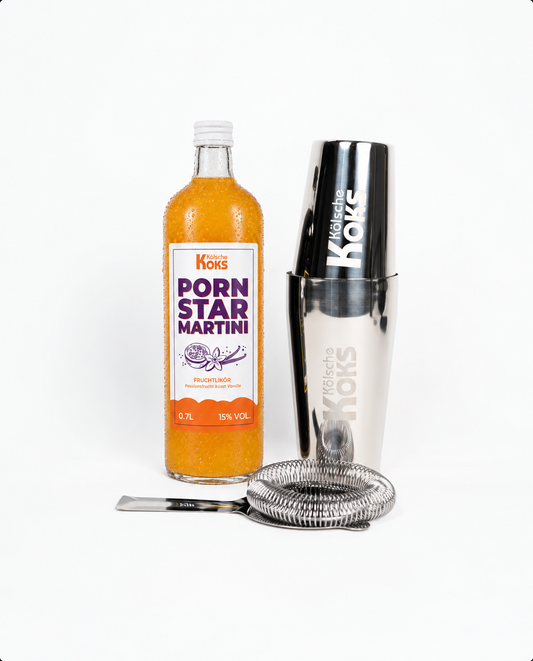 Pornstar Martini Set mit Kölsche Koks 0,7L Flasche und Cocktail Shaker