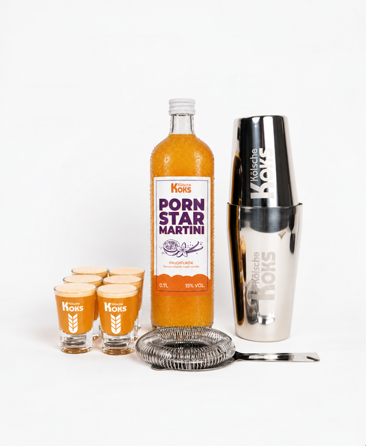 Pornstar Martini Set mit Kölsche Koks 0,7L Flasche, Cocktail Shaker und 6 Shotgläsern