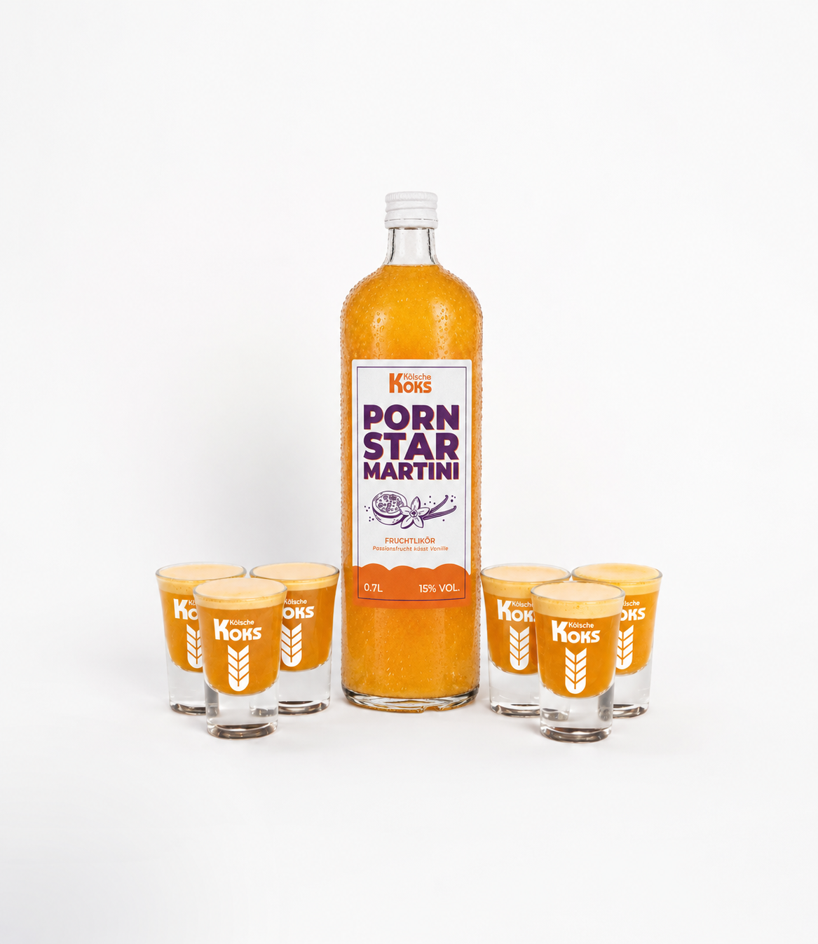 Pornstar Martini Set: Kölsche Koks 0,7L Flasche mit 6 Shotgläsern