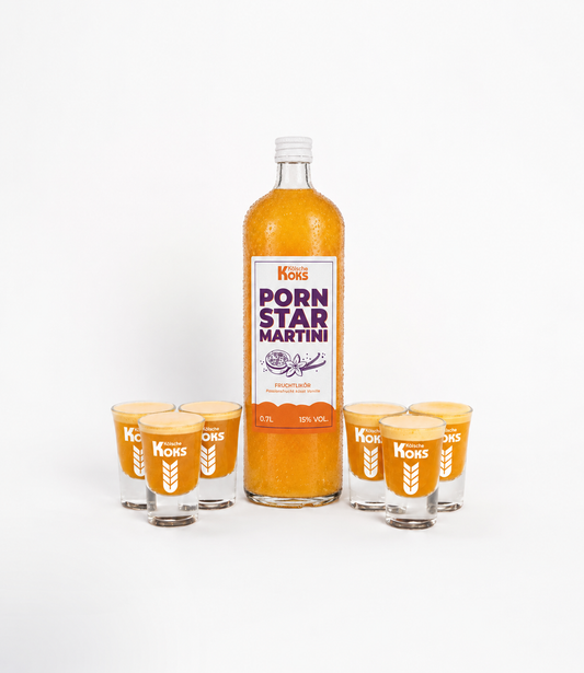 Pornstar Martini Set: Kölsche Koks 0,7L Flasche mit 6 Shotgläsern